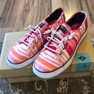 Seacoast Pink watercolor Sperry shoes.